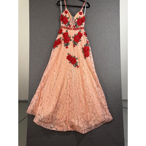 JVN by Jovani Peach Lace Red Rose Beaded V Neck Formal Gown Dress Size 4 - Picture 1 of 13
